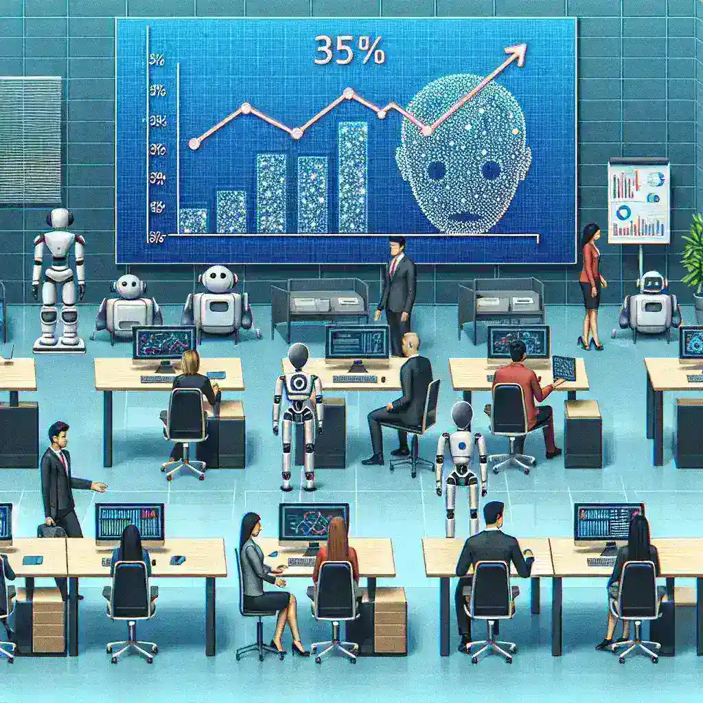 "Google office environment showcasing a diverse team of employees collaborating on AI projects amidst corporate restructuring, highlighting the impact of the company’s decision to reduce middle management by 35%."